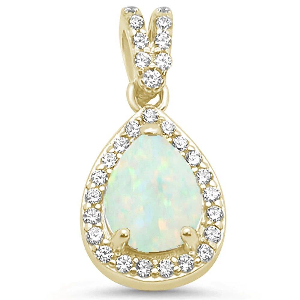 Sterling Silver Yellow Gold Plated Pear White Opal and Cubic Zirconia Pendant