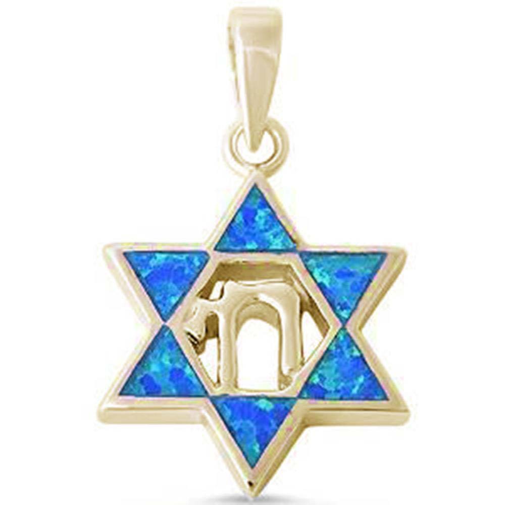 Sterling Silver Blue Opal Star of David with Chai Symbol Silver Pendant