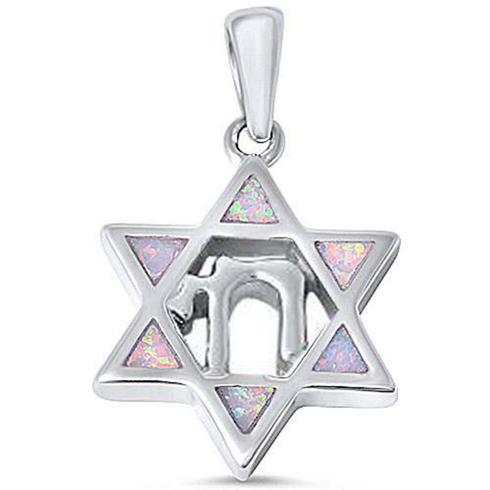 Sterling Silver White Opal Star of David with Chai Symbol Silver Pendant