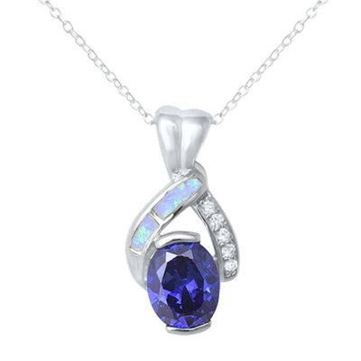 Sterling Silver Tanzanite White Opal & Cz Pendant Necklace