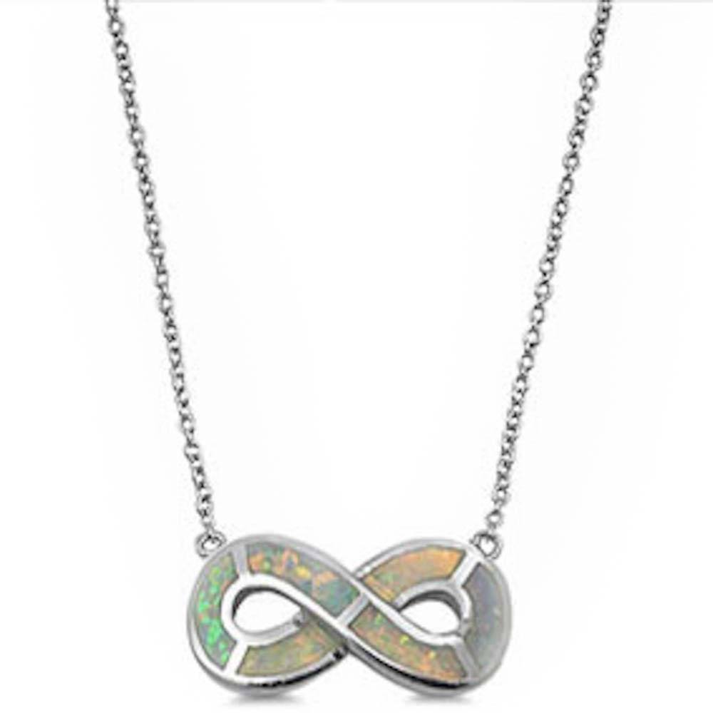 Sterling Silver White Opal Infinity Silver Pendant Rolo ChainAndLength 16 InchAndWidth 9x13mm