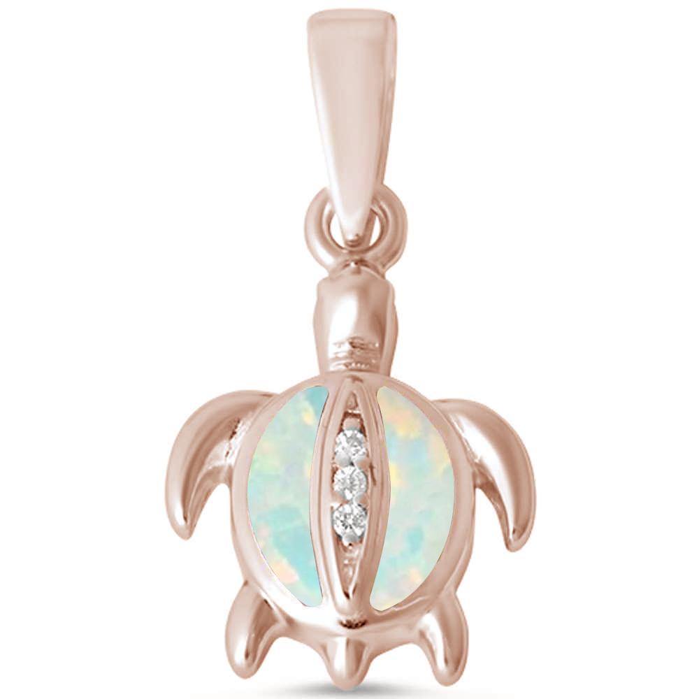 Sterling Silver Rose Gold Plated White Opal Turtle and CZ Pendant - silverdepot