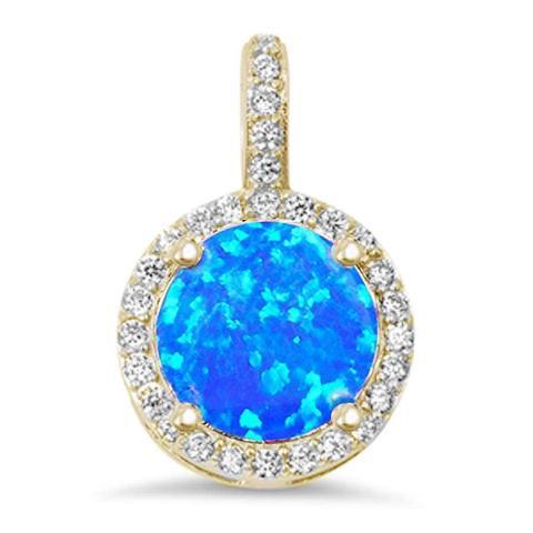 Sterling Silver Yellow Gold Plated Halo Blue Opal and Cubic Zirconia Pendant