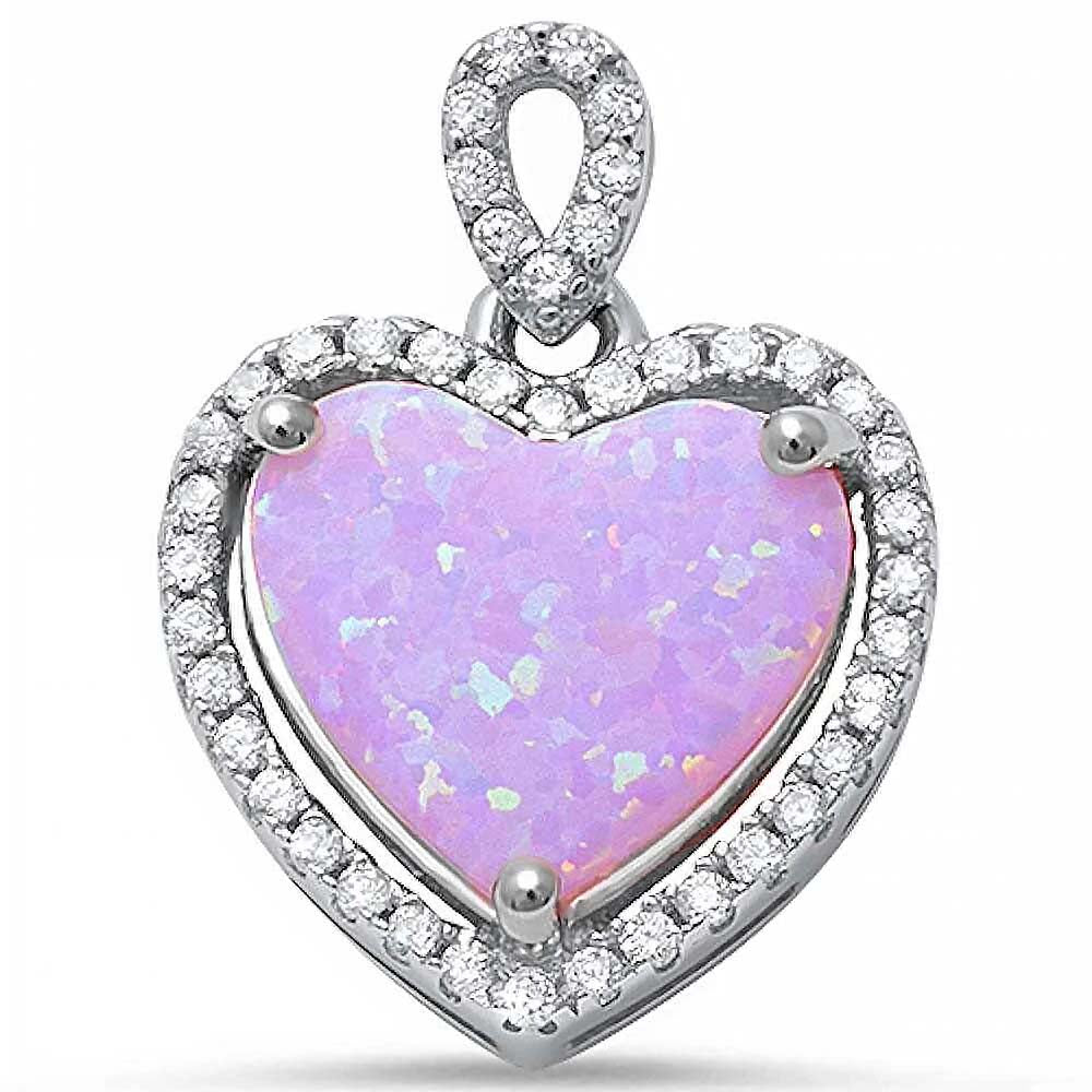 Sterling Silver Pink Fire Opal and Cubic Zirconia Heart Charm Pendant