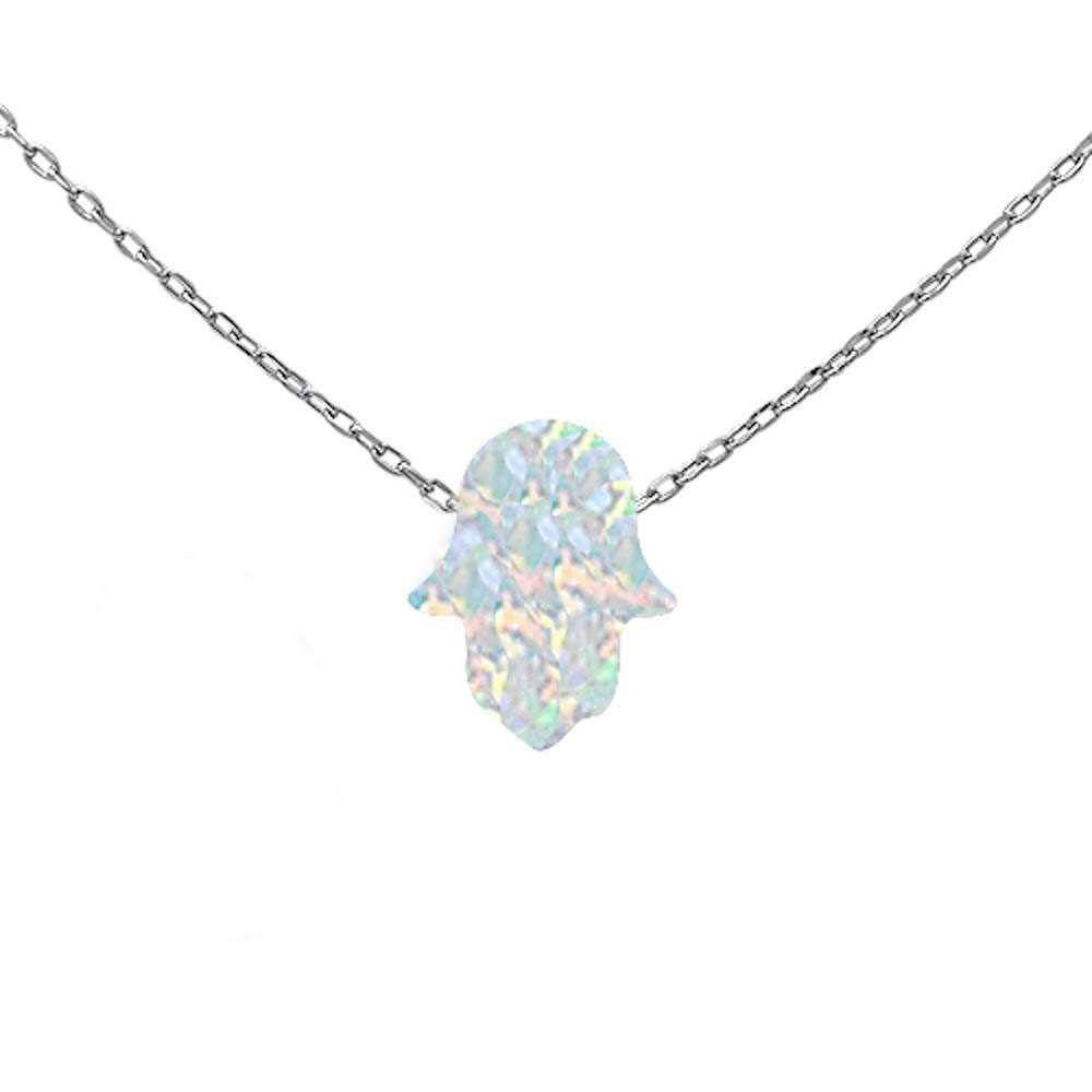 Sterling Silver White Opal Hamsa Symbol Silver Pendant NecklaceAndLength Chain 17 Inches plus 2 Inches ExtensionAndWidth 13X11mm