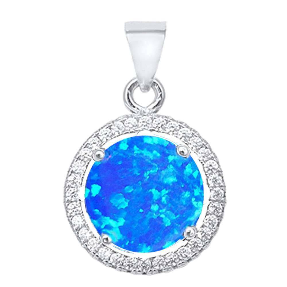 Sterling Silver Round Blue Opal And Cubic Zirconia .925 Pendant