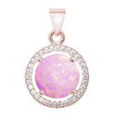 Sterling Silver Rose Gold Plated Round Created Pink Opal and Cubic Zirconia Pendant