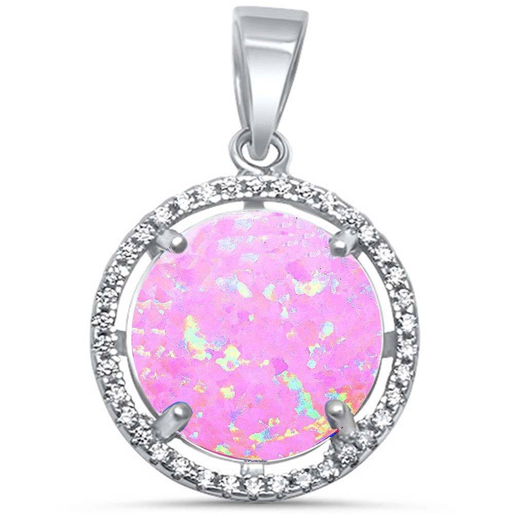 Sterling Silver Halo Pink Fire Opal and Cubic Zirconia Silver Pendant with CZ StonesAndWidth 15mm