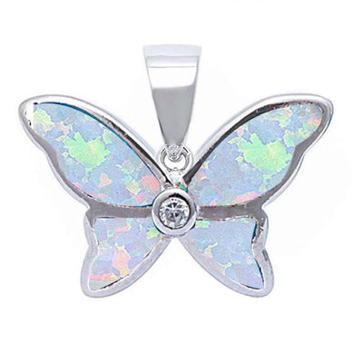 Sterling Silver White Opal and Cubic Zirconia Butterfly Silver Pendant with CZ StonesAndWidth 13mm