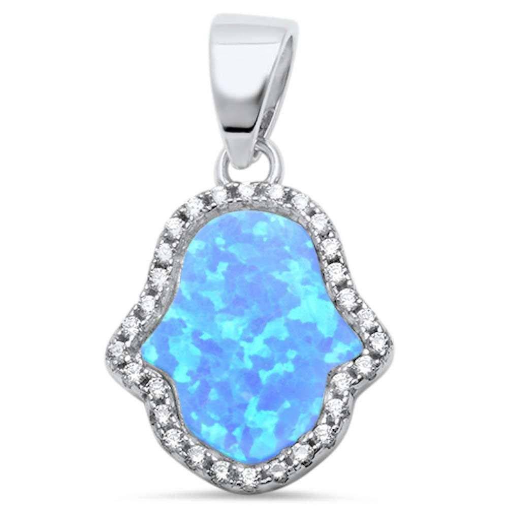 Sterling Silver Blue Opal and Cubic Zirconia Hamsa Silver Pendant with CZ StonesAndLength 0.94 Inches