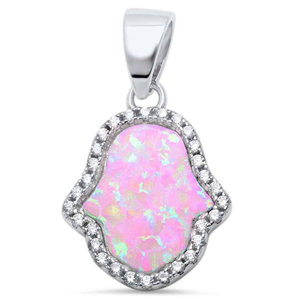 Sterling Silver Pink Opal and Cubic Zirconia Hamsa Silver Pendant with CZ StonesAndLength 0.94 Inches