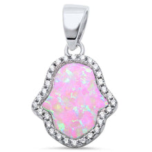Load image into Gallery viewer, Sterling Silver Pink Opal and Cubic Zirconia Hamsa Silver Pendant with CZ StonesAndLength 0.94 Inches