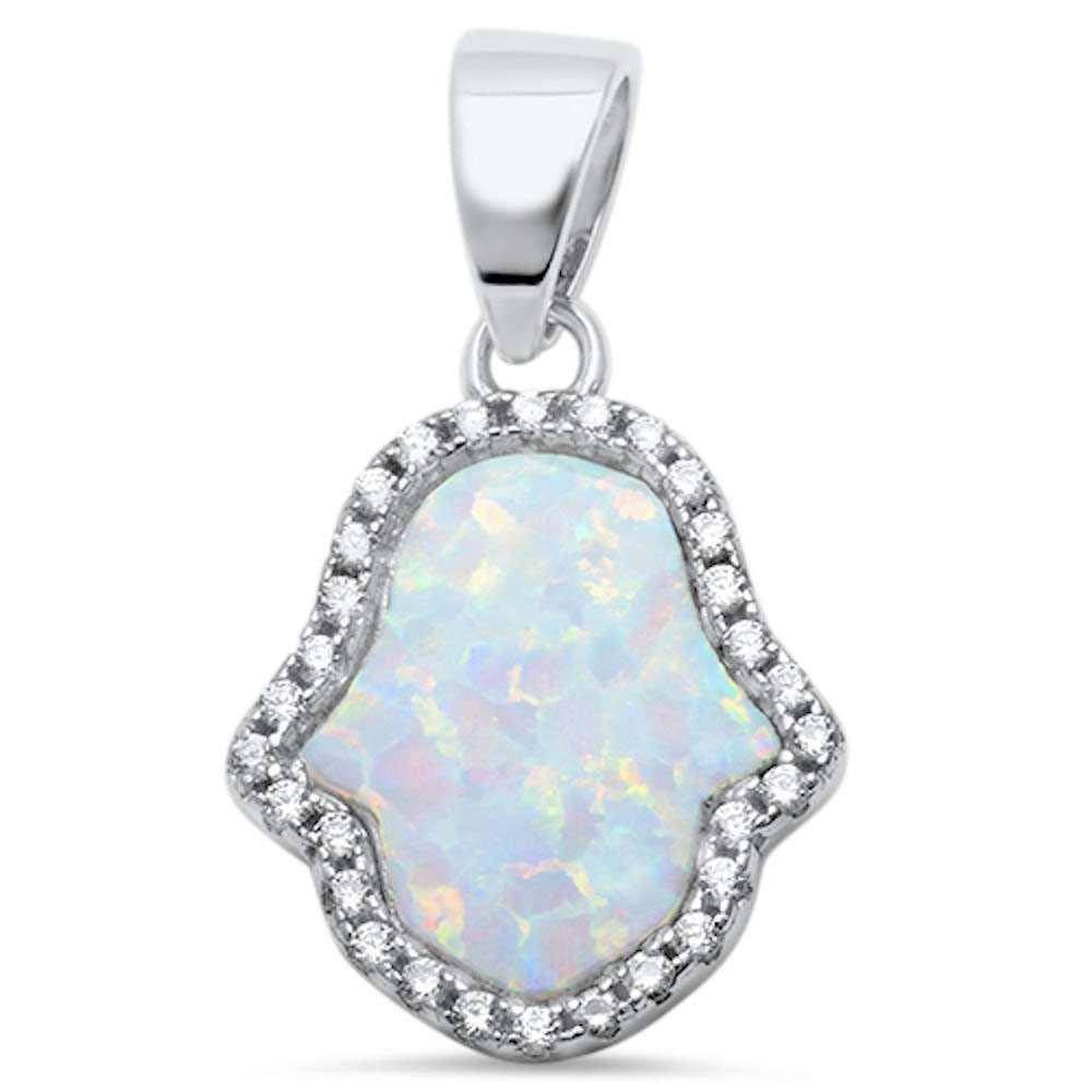 Sterling Silver White Opal and Cubic Zirconia Hamsa Silver Pendant with CZ StonesAndLength 0.94 Inches