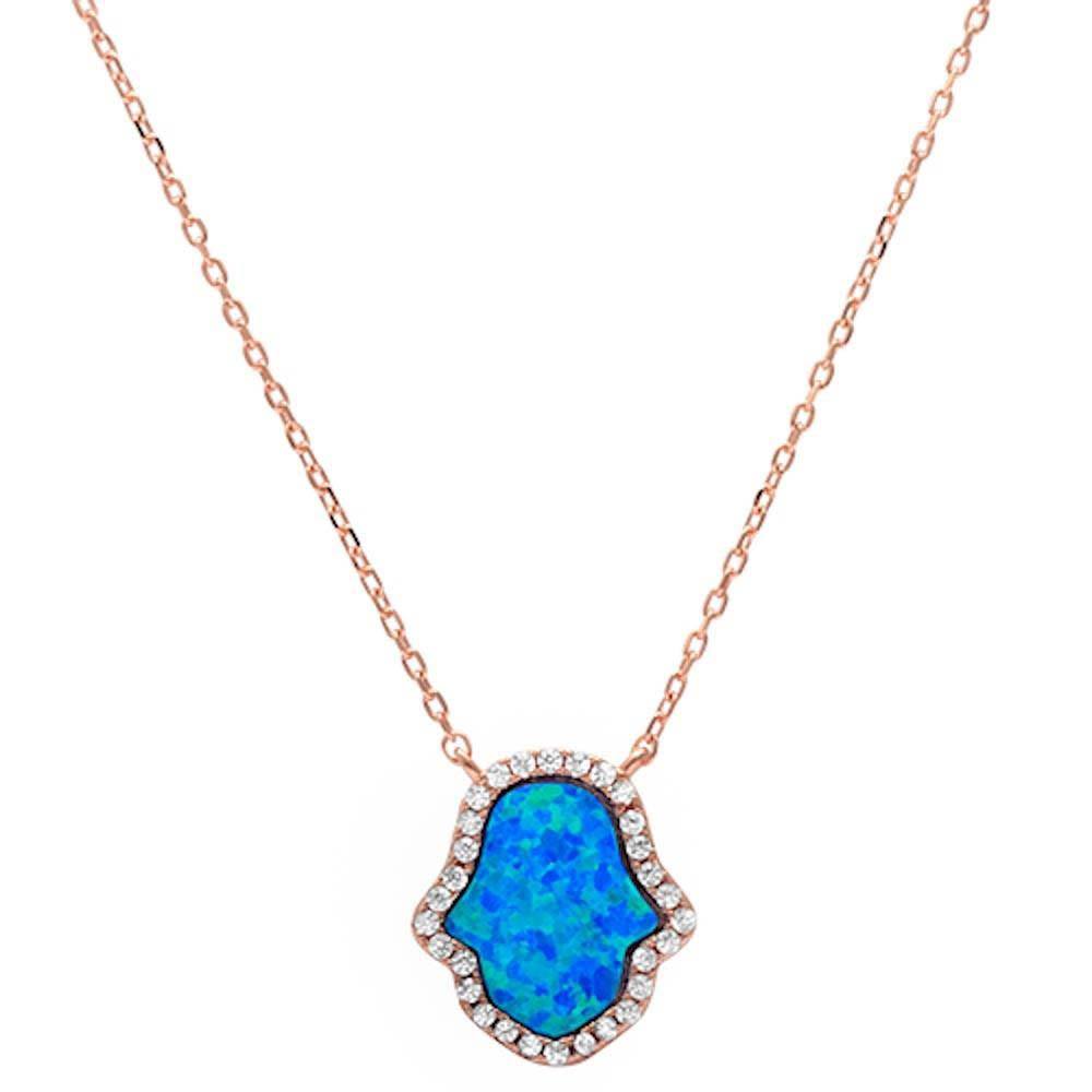 Sterling Silver Rose Gold Plated Blue Opal Hamsa Silver Pendant Necklace with CZ StonesAndWidth 15mm