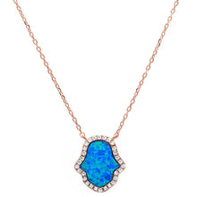 Load image into Gallery viewer, Sterling Silver Rose Gold Plated Blue Opal Hamsa Silver Pendant Necklace with CZ StonesAndWidth 15mm