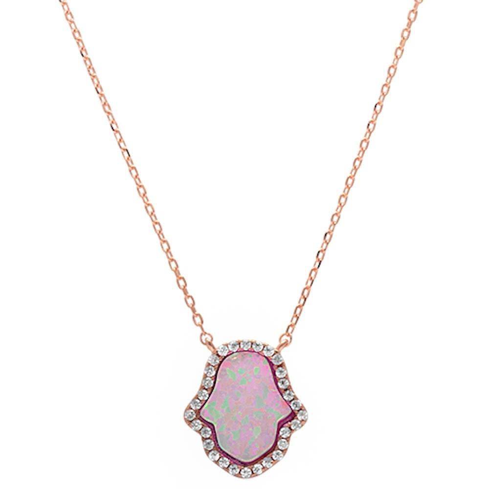 Sterling Silver Rose Gold Plated Pink Opal Hamsa Silver Pendant Necklace with CZ StonesAndWidth 15mm