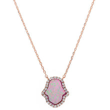 Load image into Gallery viewer, Sterling Silver Rose Gold Plated Pink Opal Hamsa Silver Pendant Necklace with CZ StonesAndWidth 15mm