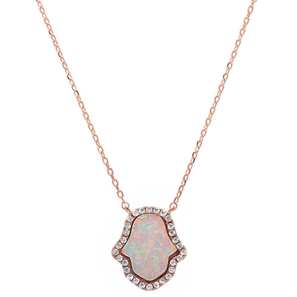 Sterling Silver Trendy Rose Gold Plated White Opal Hamsa Pendant Necklace with CZ StonesAnd Width 15 mm