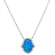 Load image into Gallery viewer, Sterling Silver Blue Opal Hamsa Silver Pendant Necklace with CZ StonesAndWidth 15mm