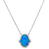 Sterling Silver Blue Opal Hamsa Silver Pendant Necklace with CZ StonesAndWidth 15mm