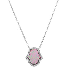 Load image into Gallery viewer, Sterling Silver Pink Opal Hamsa Silver Pendant Necklace with CZ StonesAndWidth 15mm