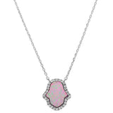 Sterling Silver Pink Opal Hamsa Silver Pendant Necklace with CZ StonesAndWidth 15mm