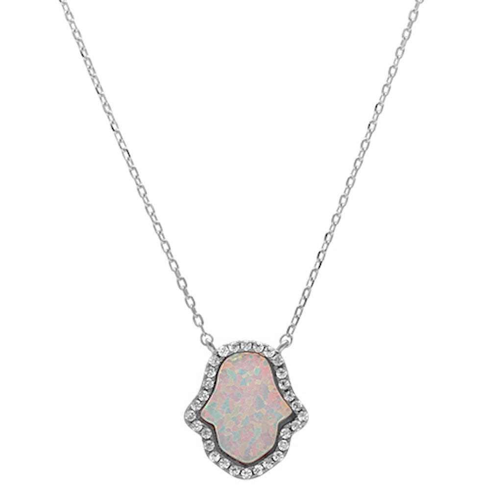 Sterling Sliver White Opal Hamsa With CZ Stones NecklaceAnd Width 15mm