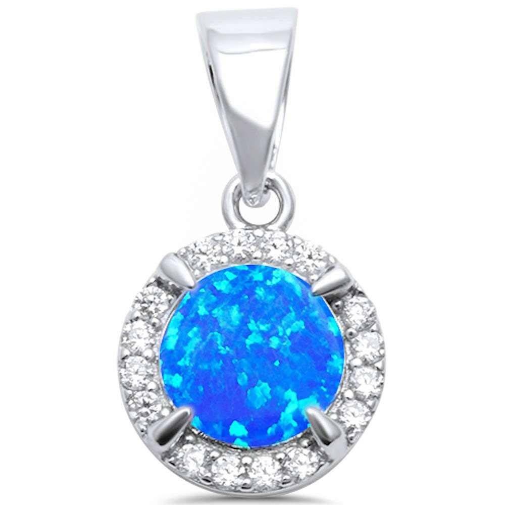 Sterling Silver Round Blue Opal and Cubic Zirconia Silver Pendant with CZ Stones ,Width 19mm