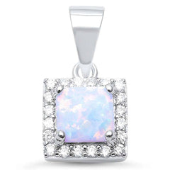 Sterling Silver Square White Opal and Cubic Zirconia Silver Pendant with CZ StonesAndLength 0.5 Inches