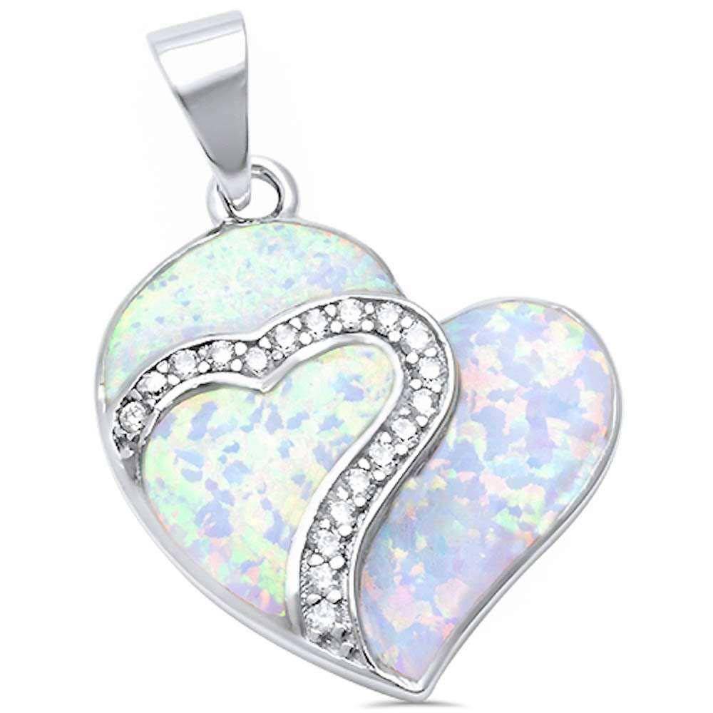 Sterling Silver White Fire Opal and Cubic Zirconia Heart Silver Pendant with CZ StonesAndWidth 30mm