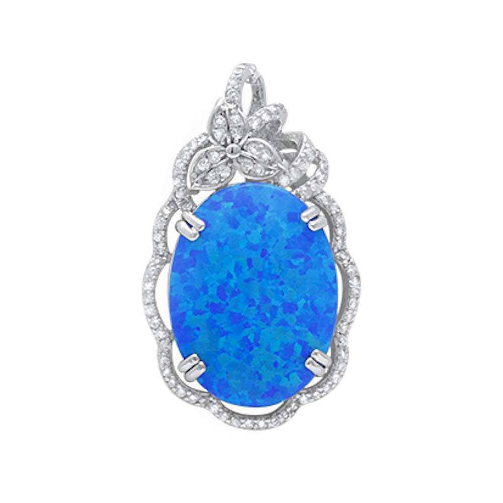 Sterling Silver Oval Blue Opal and Micro Pave Cubic Zirconia Silver Pendant with CZ StonesAndWidth 33mm