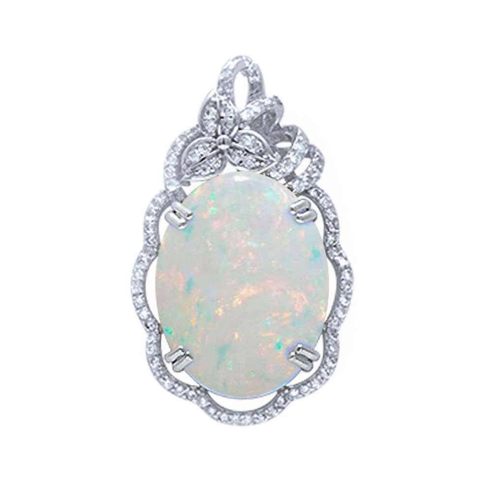 Sterling Silver Oval White Opal and Micro Pave Cubic Zirconia Silver Pendant with CZ StonesAndWidth 33mm