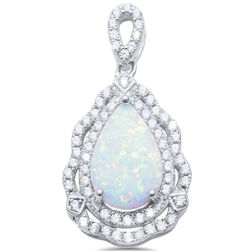 Sterling Silver Pear Shape White Opal and Cubic Zirconia Silver Pendant with CZ StonesAndLength 1 Inch