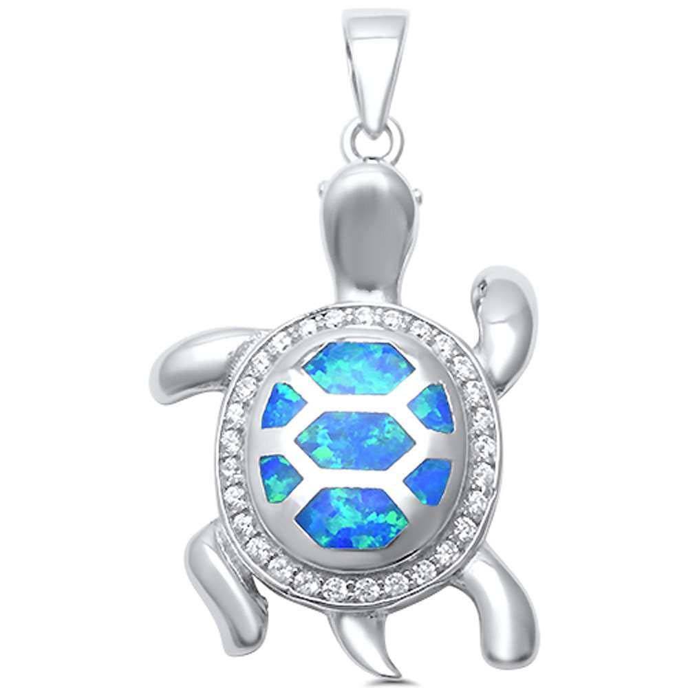 Sterling Silver Blue Opal with CZ Turtle Pendant with CZ stones And Length 1 Inch, Width 19.05 mm