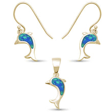 Load image into Gallery viewer, Sterling Silver Yellow Gold Plated Blue Opal Dolphin Earring and Pendant Set