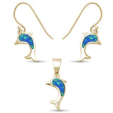 Sterling Silver Yellow Gold Plated Blue Opal Dolphin Earring and Pendant Set