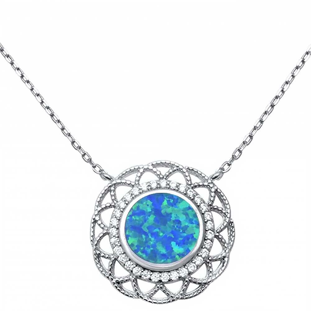 Sterling Silver Fine Filigree Blue Opal Pendant Necklace
