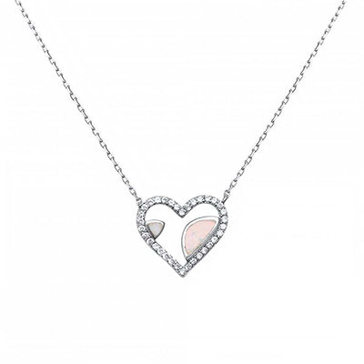 Sterling Silver White Opal and Cz Heart Necklace