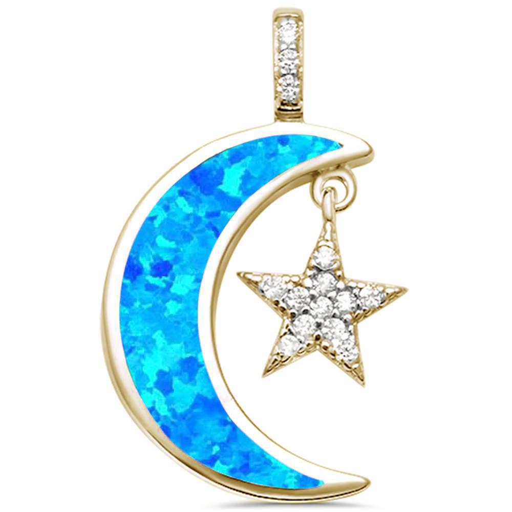 Sterling Silver Yellow Gold Created Blue Opal Crescent Moon and Star CZ Pendant