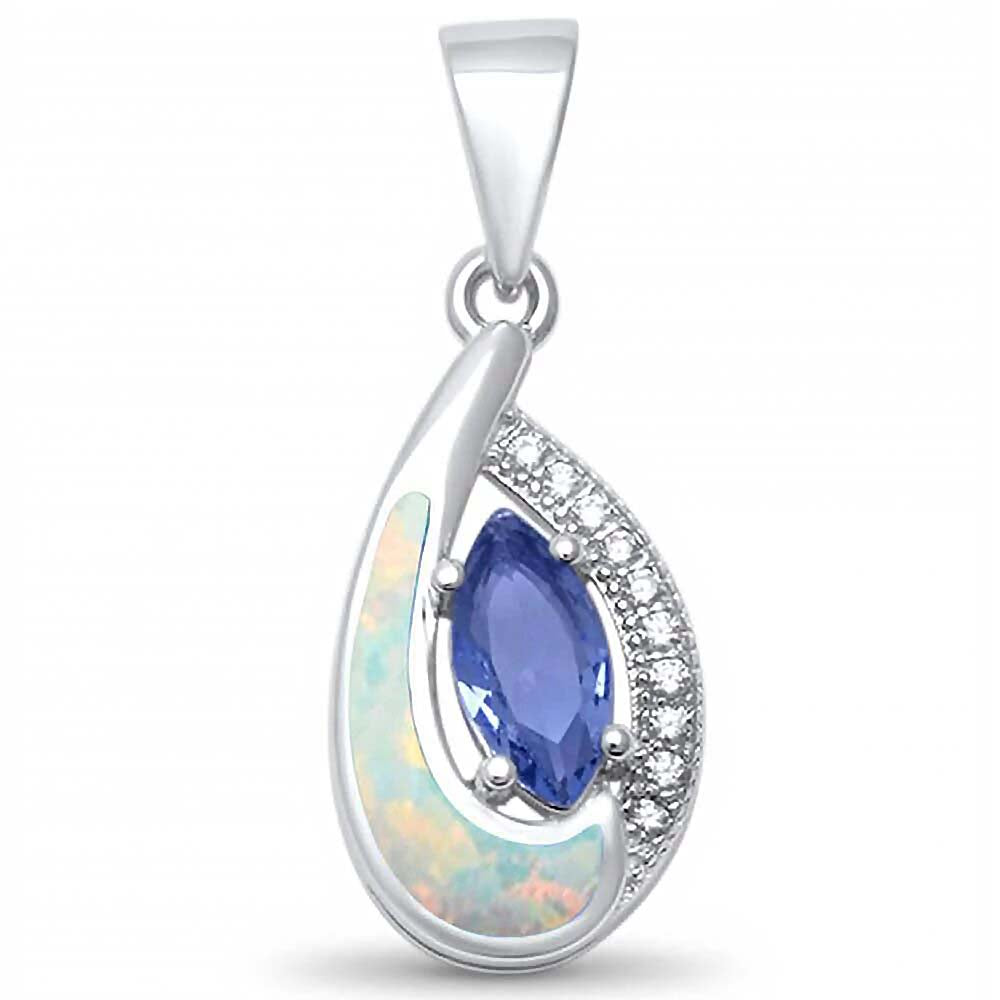 Sterling Silver Tear Drop Tanzanite Cz And White Opal Pendant