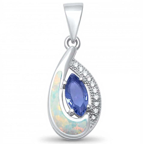 Sterling Silver Tear Drop Tanzanite Cz And White Opal Pendant