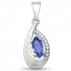 Sterling Silver Tear Drop Tanzanite Cz And White Opal Pendant