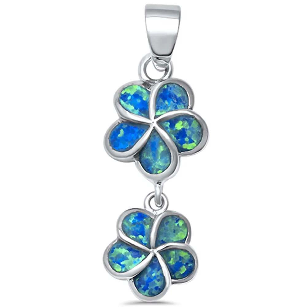 Sterling Silver Blue Opal 2 Flowers Pendant