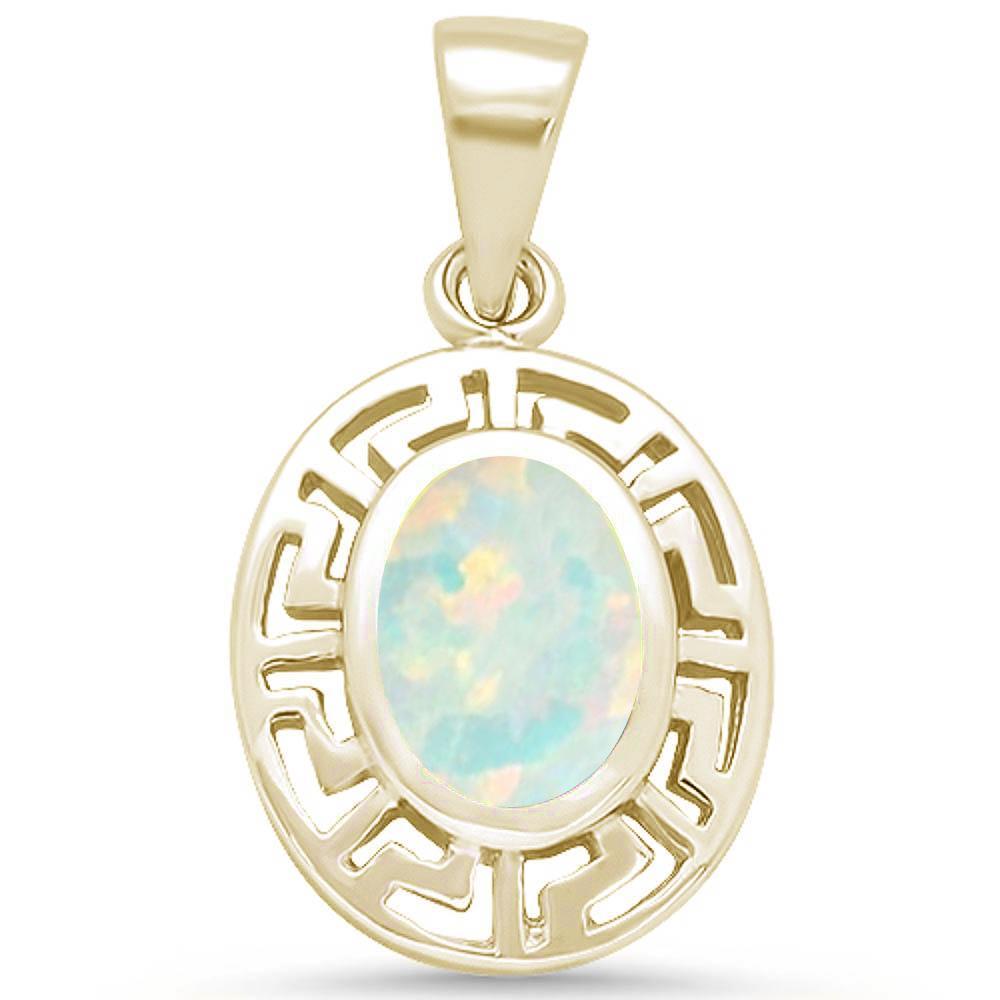 Sterling Silver Yellow Gold Plated Oval White Opal Greek Key Pendant