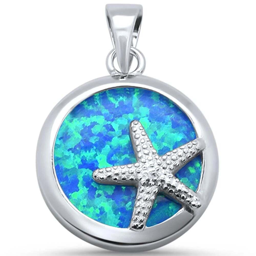 Sterling Silver Round Blue Opal Starfish Sand Dollar Pendant