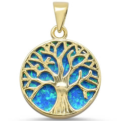 Sterling Silver Yellow Gold Plated Round Blue Opal Tree Of Life Design Pendant