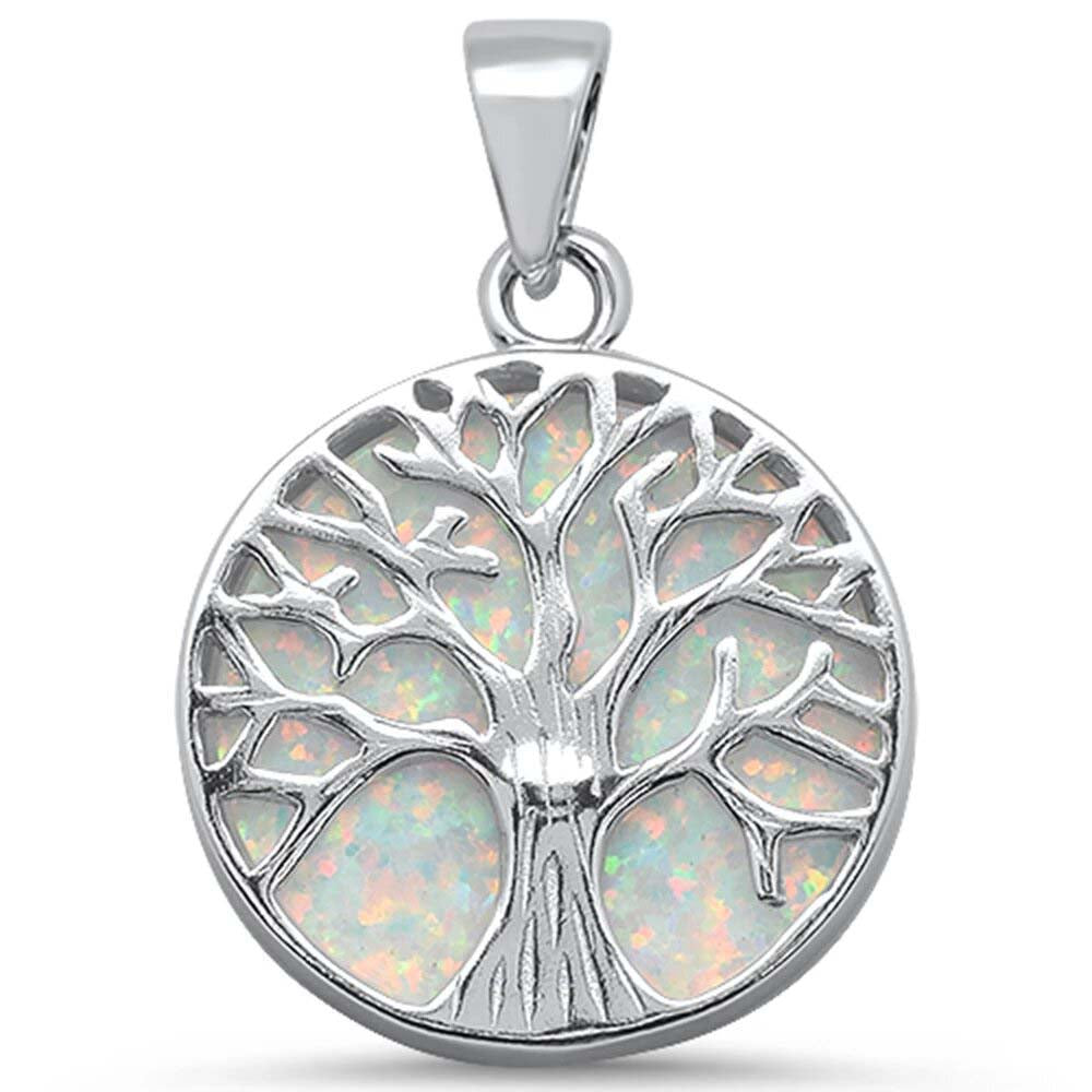 Sterling Silver Round White Opal Tree Of Life Design Pendant