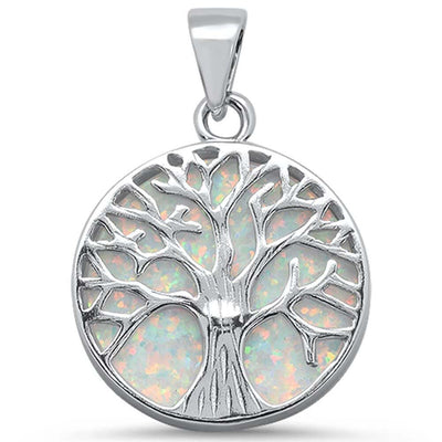 Sterling Silver Round White Opal Tree Of Life Design Pendant