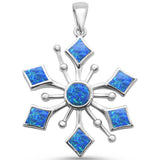 Sterling Silver Round Blue Opal Snowflake Design Pendant