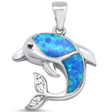 Sterling Silver Blue Opal Dolphin and Cz Charm Pendant